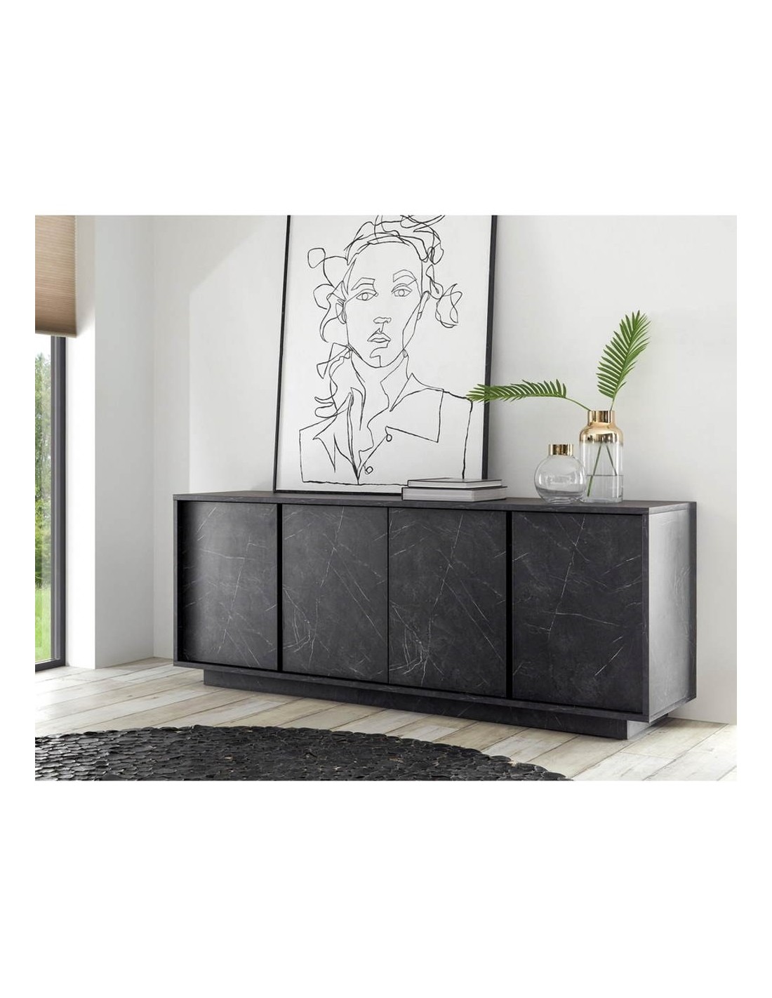 Madia 4 ante effetto marmo nero Rock 180x43x79h